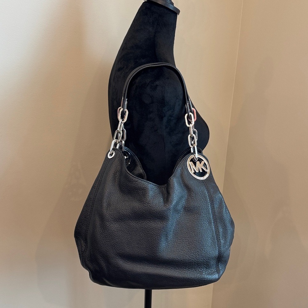 Michael Kors Black Pebbled Leather Shoulder Bag with Silver tone hardware EUC